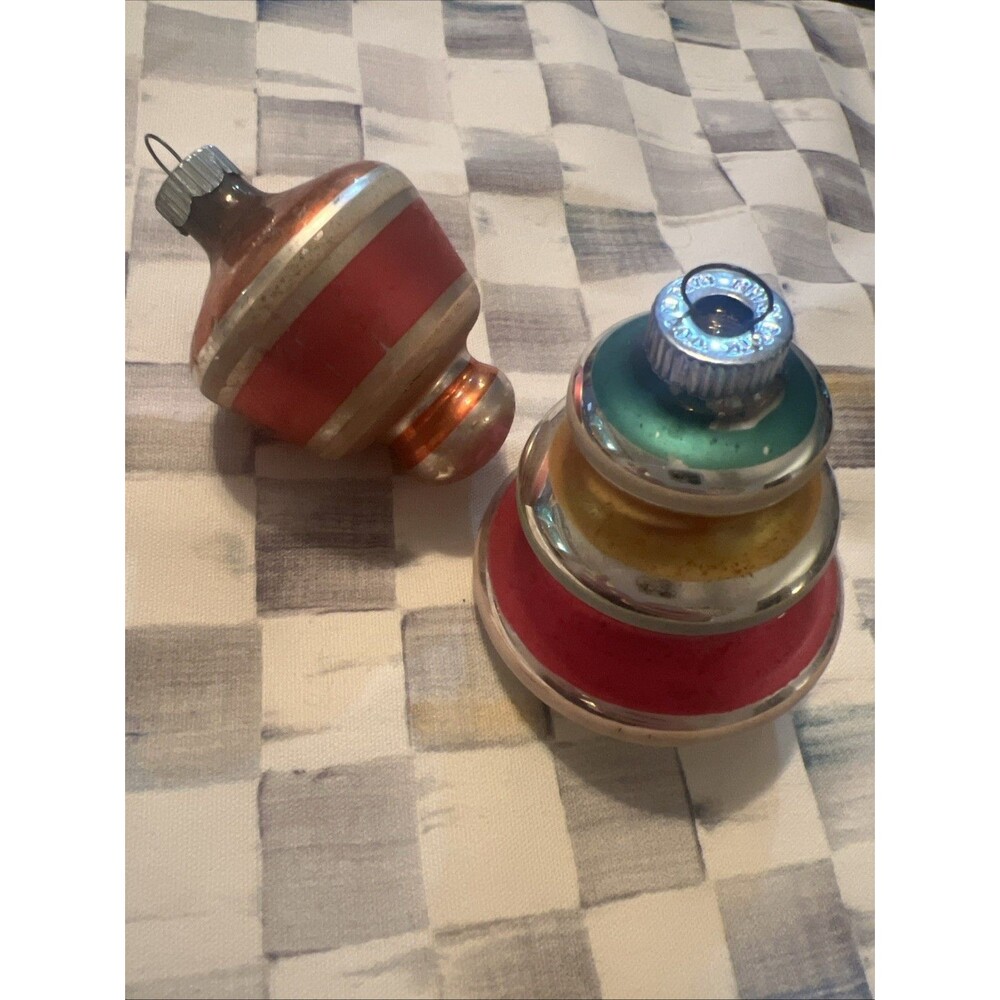 LOT 2 Vtg. MCM SHINY BRITE UFO ATOMIC STRIPED MERCURY GLASS ORNAMENTS